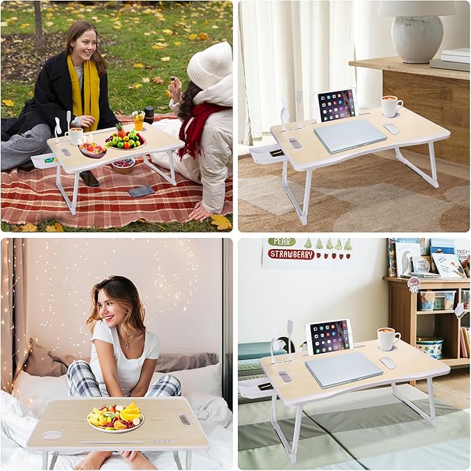 Portable Foldable Laptop Bed Desk with USB Charging Port, Phone & Cup Holder, Side Drawer, and Carry Handle