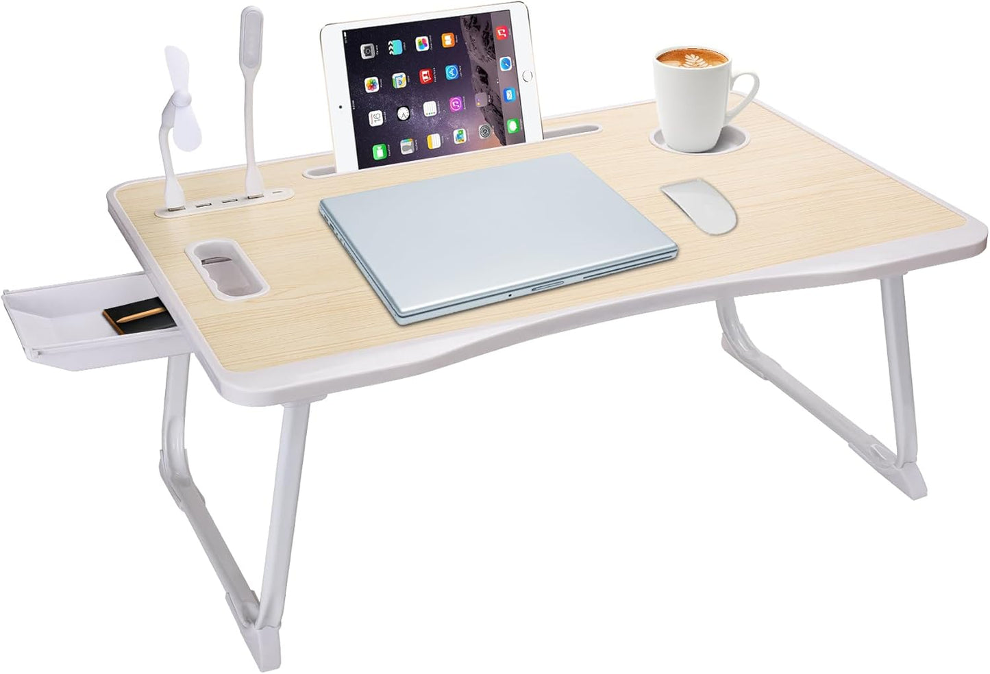 Portable Foldable Laptop Bed Desk with USB Charging Port, Phone & Cup Holder, Side Drawer, and Carry Handle