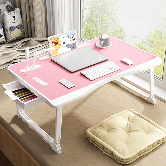 Portable Foldable Laptop Bed Desk with USB Charging Port, Phone & Cup Holder, Side Drawer, and Carry Handle