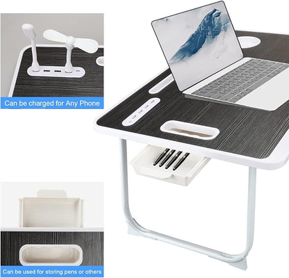 Portable Foldable Laptop Bed Desk with USB Charging Port, Phone & Cup Holder, Side Drawer, and Carry Handle