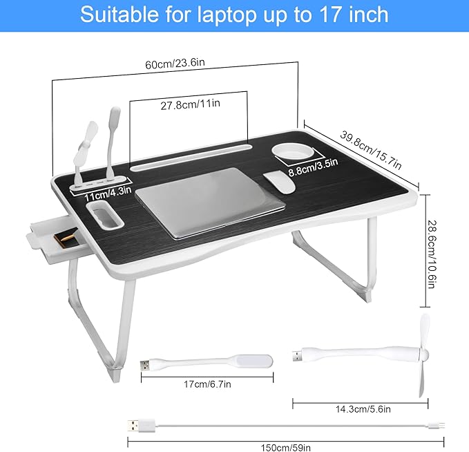 Portable Foldable Laptop Bed Desk with USB Charging Port, Phone & Cup Holder, Side Drawer, and Carry Handle