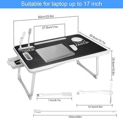 Portable Foldable Laptop Bed Desk with USB Charging Port, Phone & Cup Holder, Side Drawer, and Carry Handle