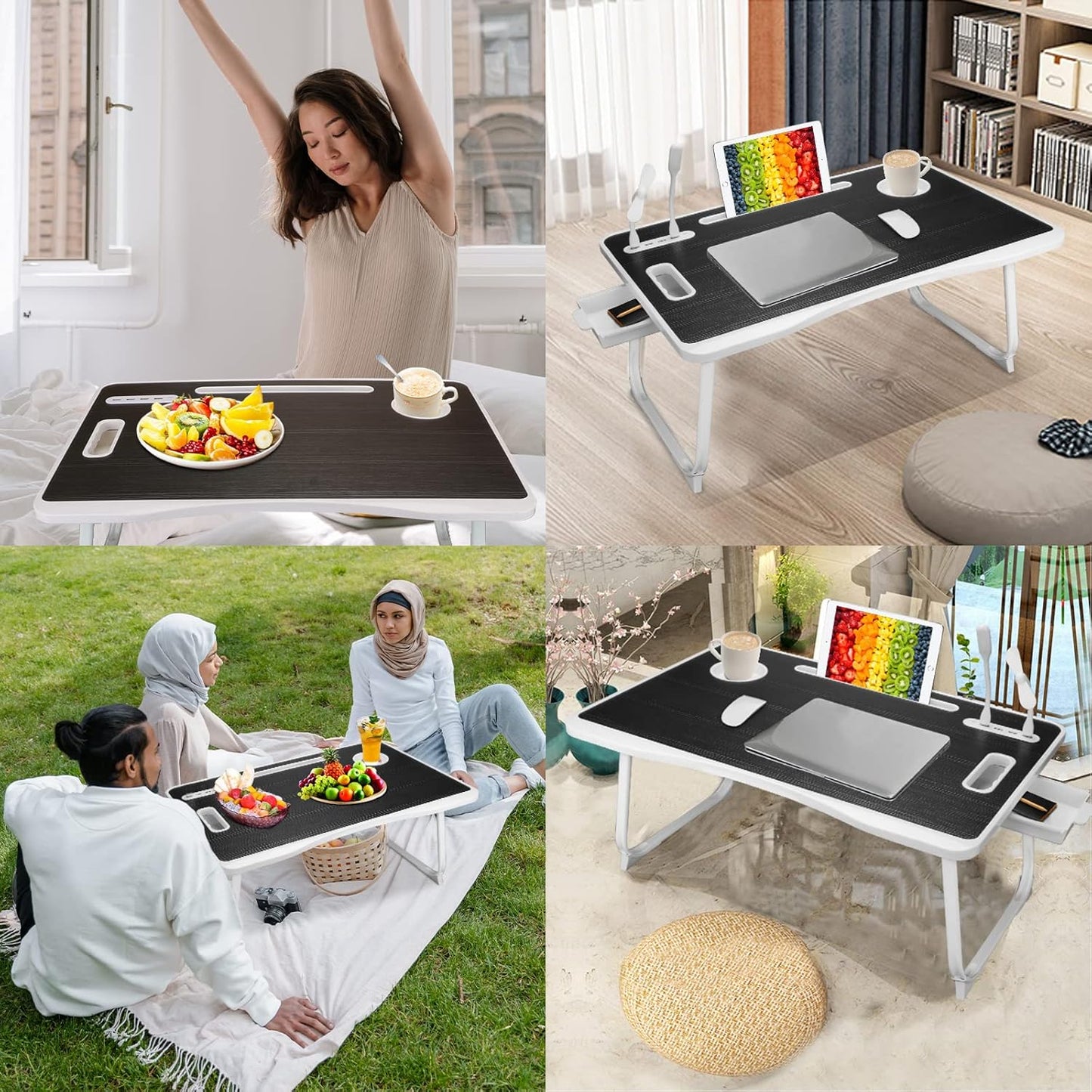 Portable Foldable Laptop Bed Desk with USB Charging Port, Phone & Cup Holder, Side Drawer, and Carry Handle