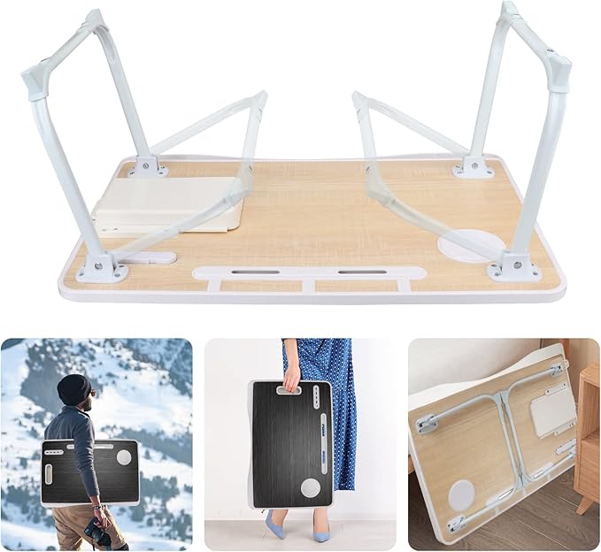 Portable Foldable Laptop Bed Desk with USB Charging Port, Phone & Cup Holder, Side Drawer, and Carry Handle