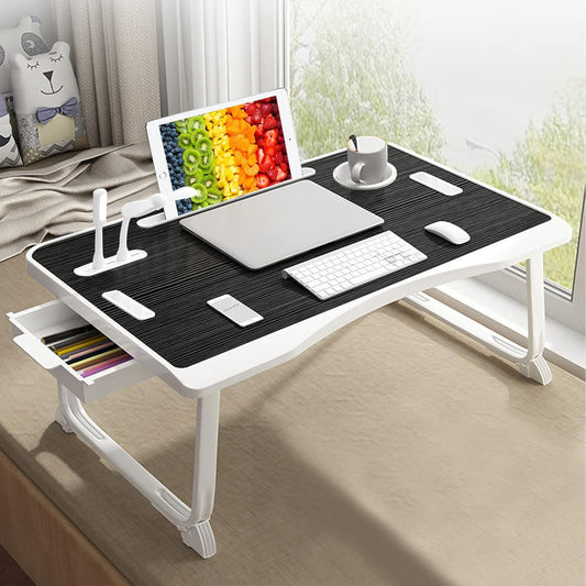 Portable Foldable Laptop Bed Desk with USB Charging Port, Phone & Cup Holder, Side Drawer, and Carry Handle