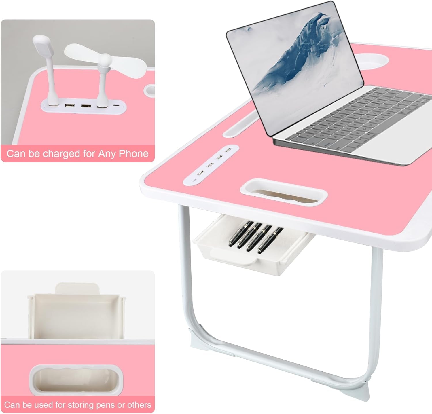 Portable Foldable Laptop Bed Desk with USB Charging Port, Phone & Cup Holder, Side Drawer, and Carry Handle