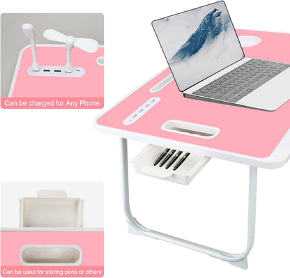 Portable Foldable Laptop Bed Desk with USB Charging Port, Phone & Cup Holder, Side Drawer, and Carry Handle