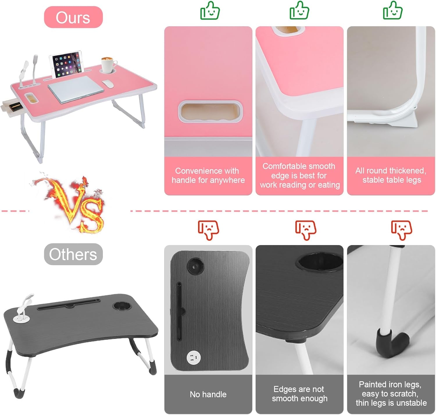 Portable Foldable Laptop Bed Desk with USB Charging Port, Phone & Cup Holder, Side Drawer, and Carry Handle