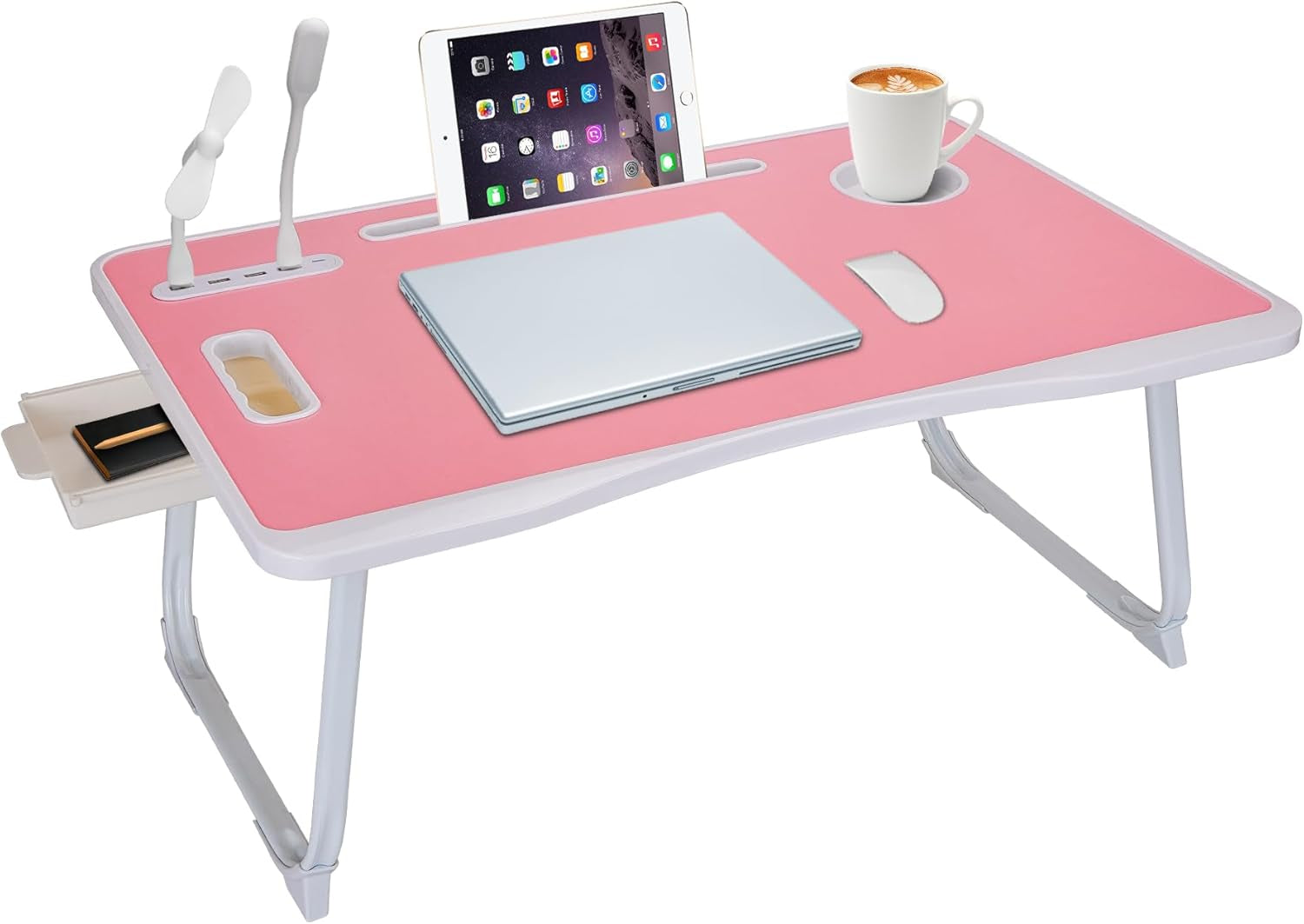 Portable Foldable Laptop Bed Desk with USB Charging Port, Phone & Cup Holder, Side Drawer, and Carry Handle