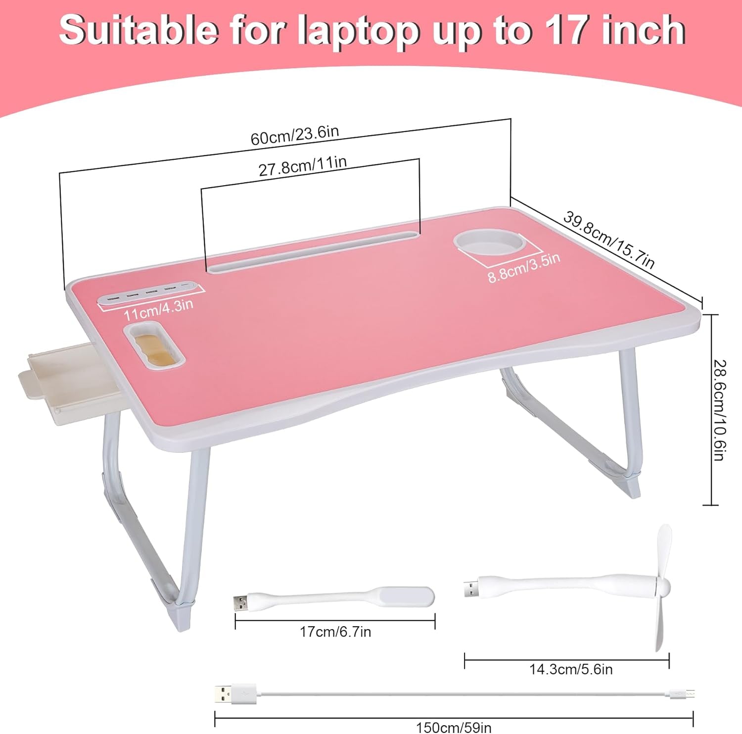 Portable Foldable Laptop Bed Desk with USB Charging Port, Phone & Cup Holder, Side Drawer, and Carry Handle