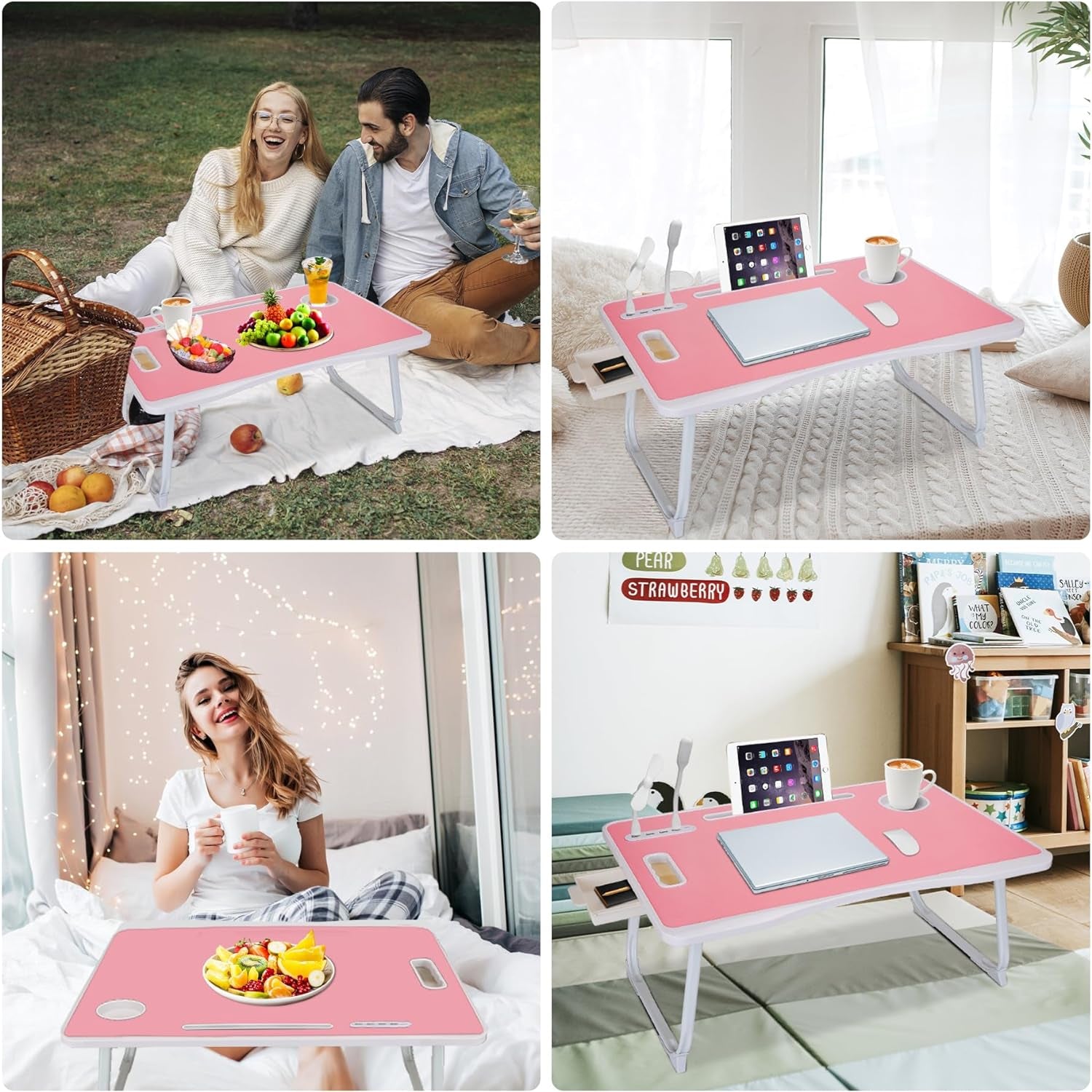 Portable Foldable Laptop Bed Desk with USB Charging Port, Phone & Cup Holder, Side Drawer, and Carry Handle