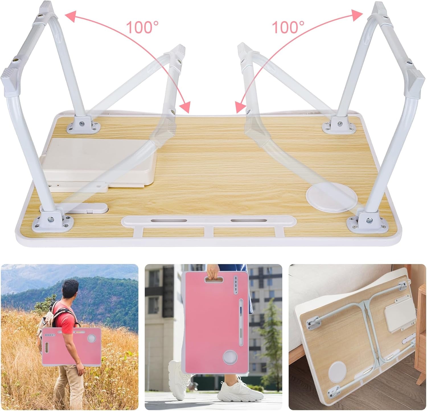Portable Foldable Laptop Bed Desk with USB Charging Port, Phone & Cup Holder, Side Drawer, and Carry Handle